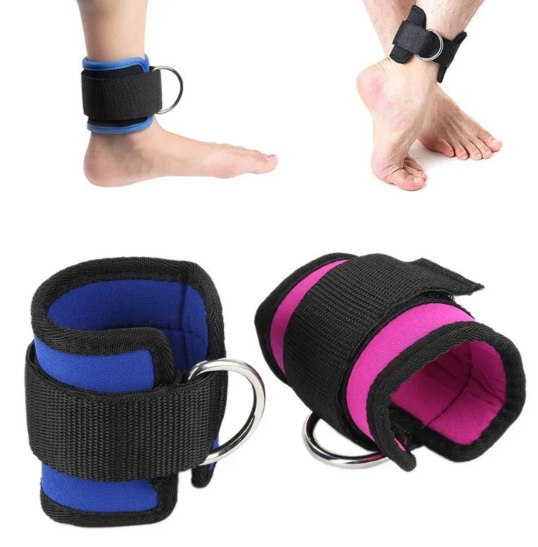 Elegant ankle cuffs with blue and pink padding, featuring secure straps and metal rings for refined use.
