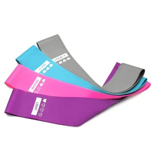 Colorful resistance bands in light, medium, heavy, x-heavy for elegant home fitness