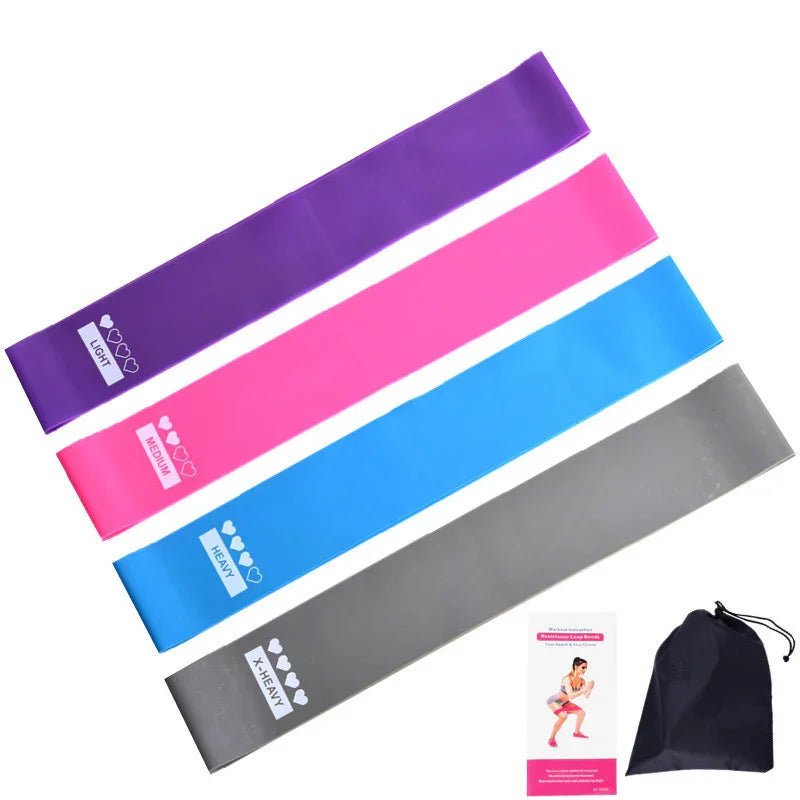 Four resistance bands in purple, pink, blue, gray with carry bag and guide — elegant fitness for mindful living