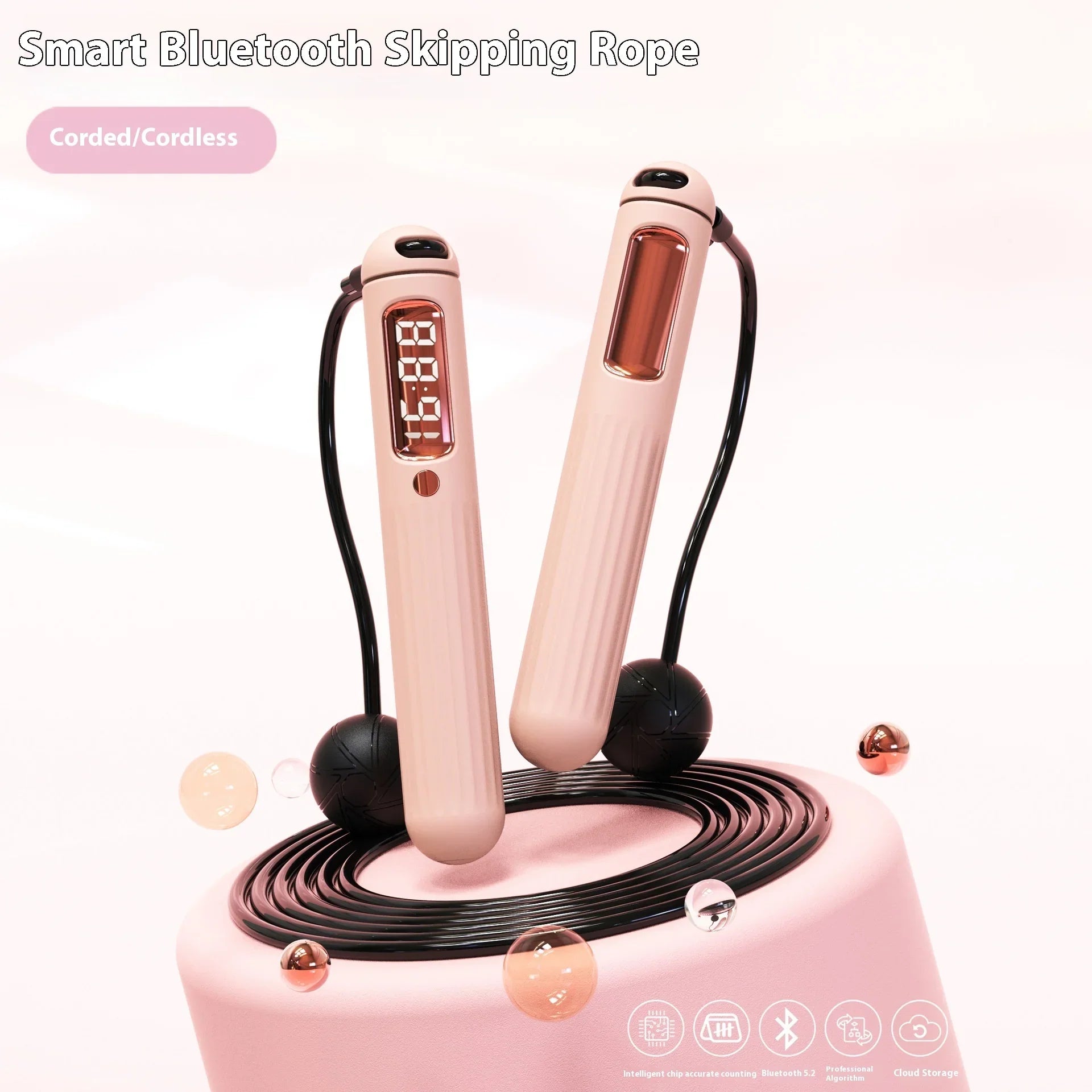Elegant smart Bluetooth skipping rope with digital display, corded/cordless design for mindful fitness