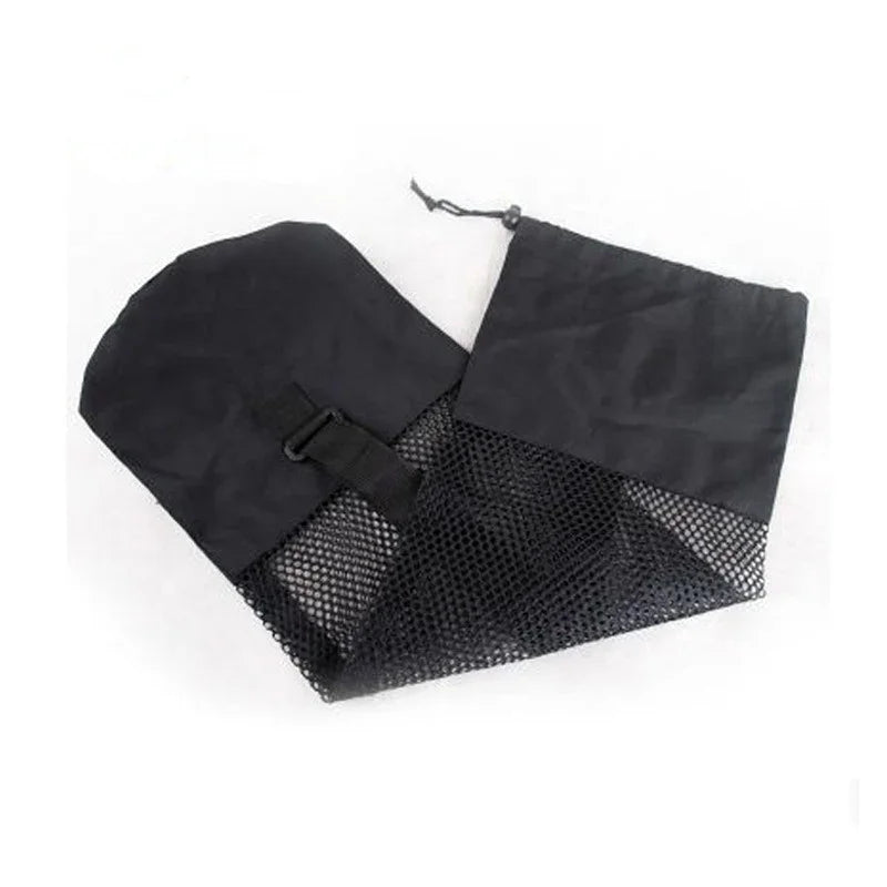 Black mesh storage bag with drawstring and buckle closure, elegant and practical for organized living