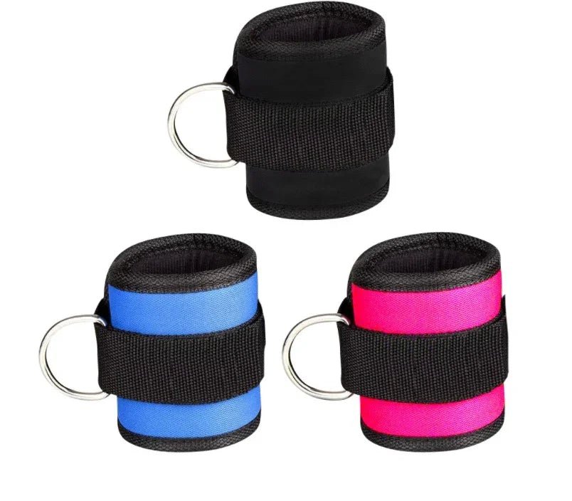 Elegant wrist cuffs in black, blue, and pink with metal rings for stylish restraint