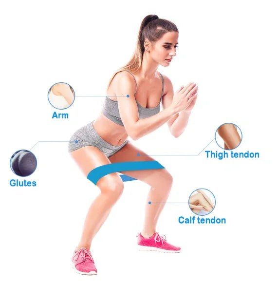 Woman in athletic wear performing squat with resistance band, targeting glutes, thighs, and calves