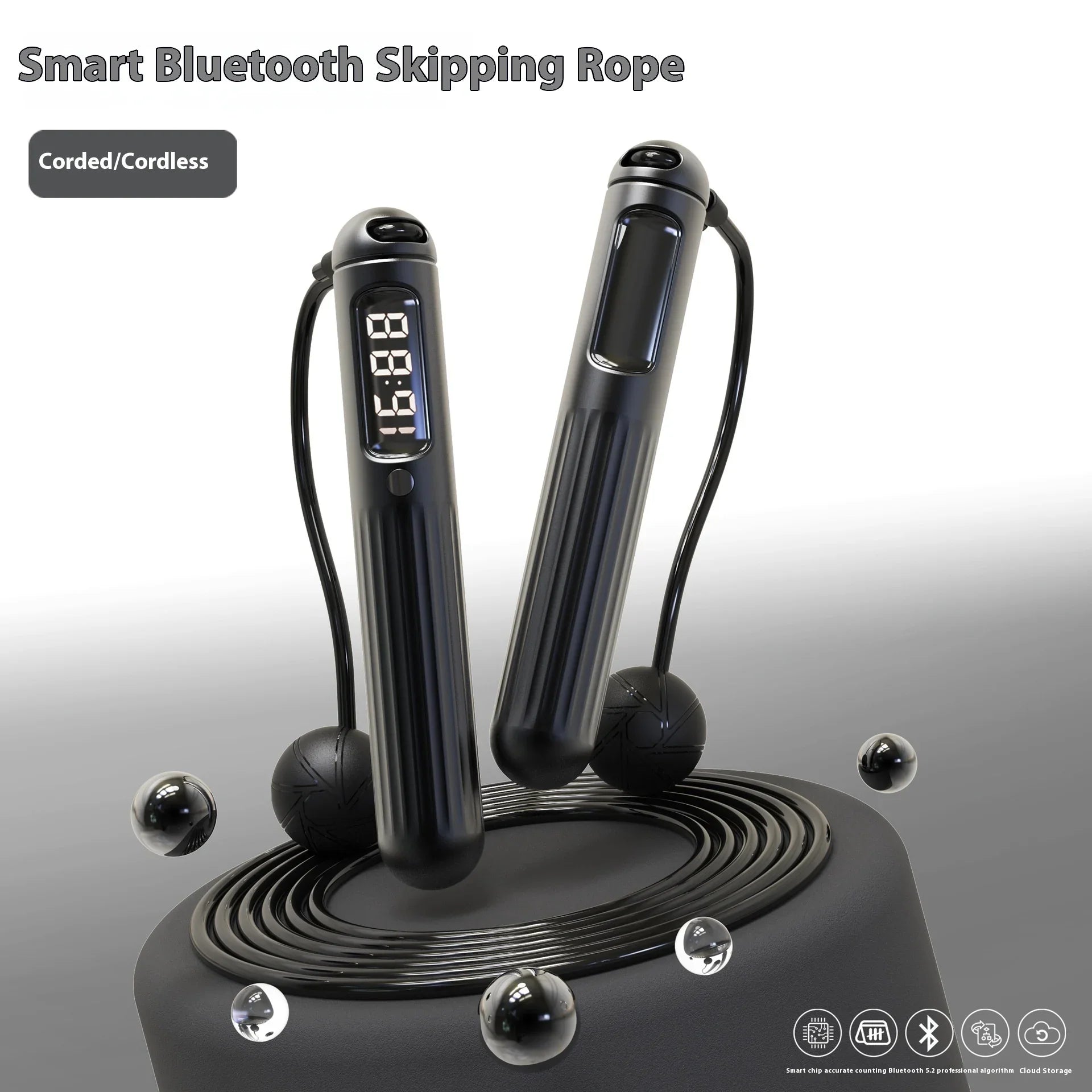 Elegant smart Bluetooth skipping rope with digital display, corded or cordless, for mindful fitness