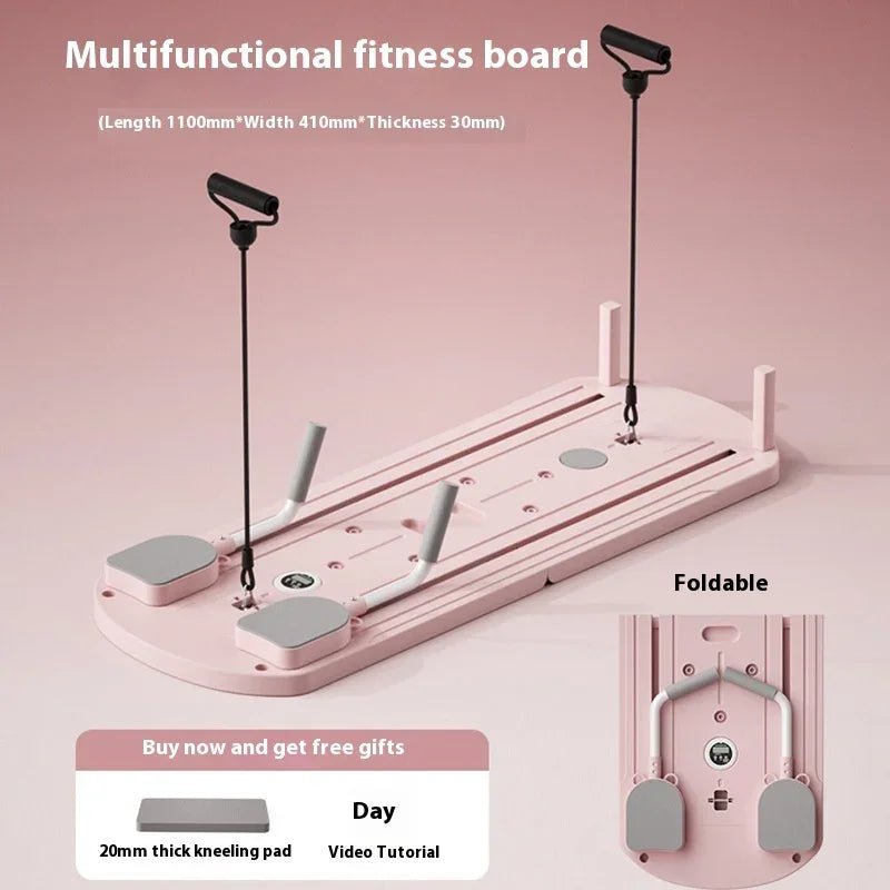 Foldable pink fitness board with handles and kneeling pads for home workouts