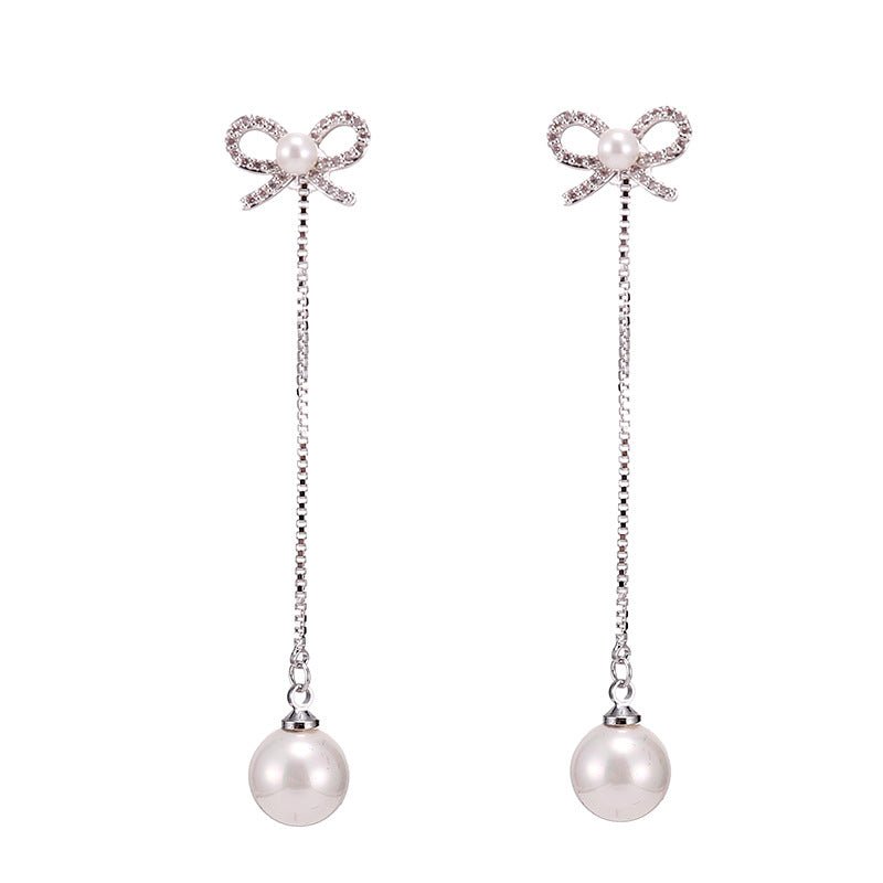 Sterling Silver Needle Bow Earrings Long Pendant Pearl