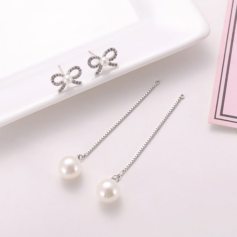 Sterling Silver Needle Bow Earrings Long Pendant Pearl