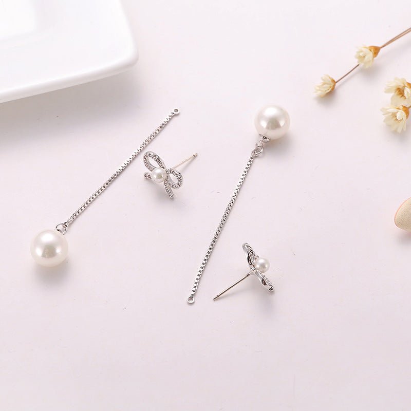 Sterling Silver Needle Bow Earrings Long Pendant Pearl