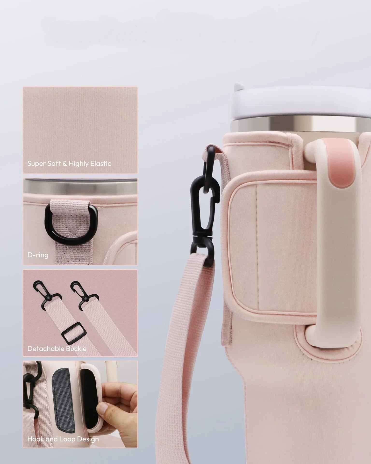 Elegant pink water bottle sleeve with detachable strap and D-ring details