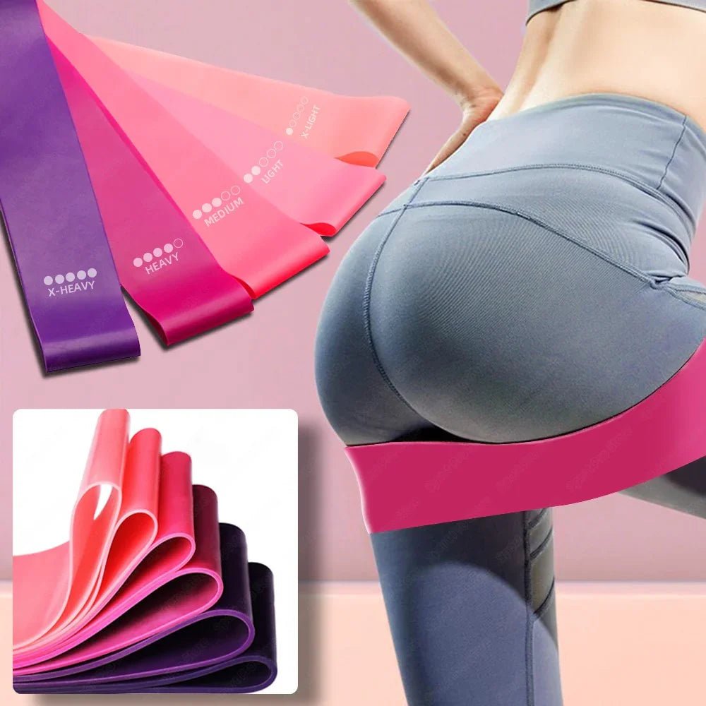 Elegant resistance bands in pink, purple, and coral for faith-inspired fitness, labeled X-Heavy to X-Light