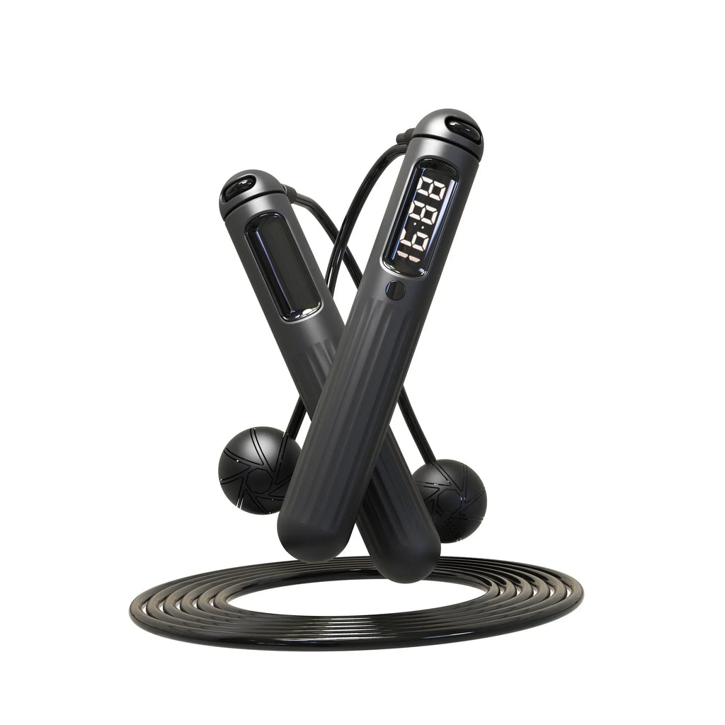 Elegant black jump rope with digital counter, designed for faith-driven fitness and refined lifestyles.
