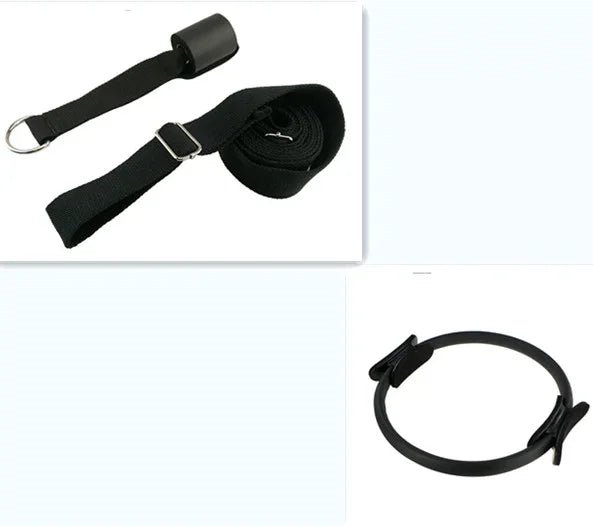 Black Pilates resistance band with metal buckle and circular ring for elegant, faith-rooted fitness