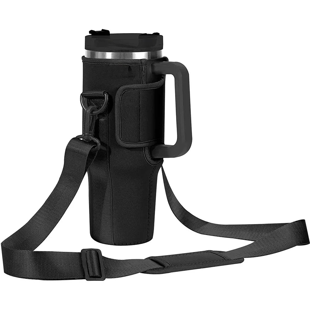 Black insulated travel mug with handle and adjustable strap, sleek for on-the-go elegance