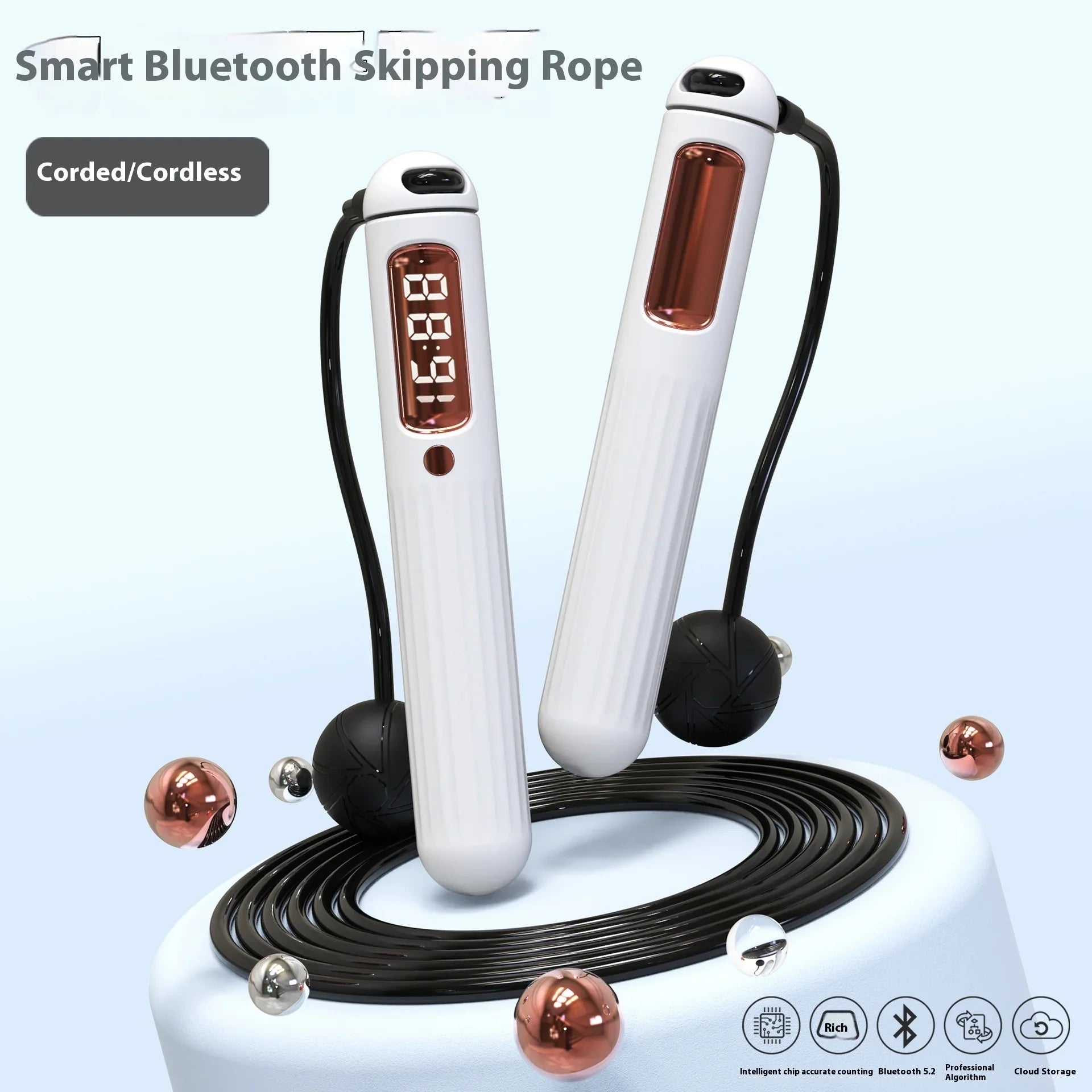 Elegant smart skipping rope with digital display, Bluetooth connectivity, and corded/cordless design for mindful fitness.