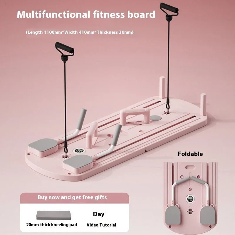 Elegant pink foldable fitness board with padded handles and kneeling pad for home workouts